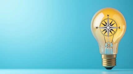 A light bulb contains a compass design, symbolizing guidance and innovation against a calm blue background.