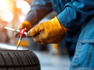 Tire maintenance action workshop industrial environment close-up viewpoint precision mechanics concept