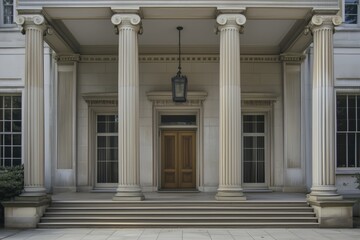 Fototapeta premium A grand Neoclassical style house entrance featuring tall columns and a wooden door, flanked by large windows. The architecture is classical with a symmetrical design, showcasing elegant details.