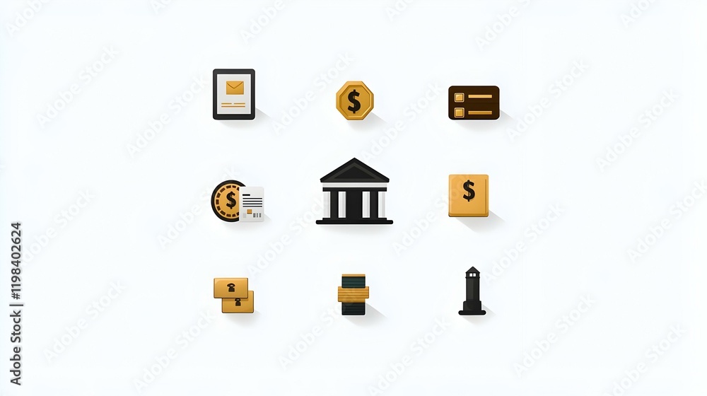 Poster banking and finance vector icons, a collection of flat design symbols representing various financial