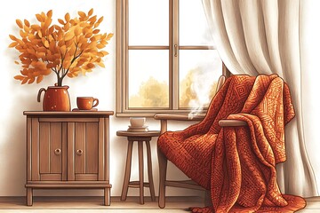 Cozy Autumn Room: Warm Knit Throw, Autumn Leaves, and Morning Coffee