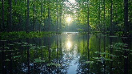 Sunrise over tranquil swamp forest reflecting in still water; nature serenity