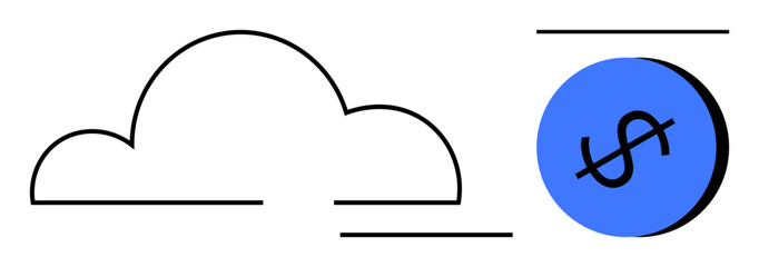 Minimalist cloud shape connected to a blue circle with a dollar sign suggests cost efficiency in cloud computing. Ideal for finance, technology, savings, investment, innovation, cloud services