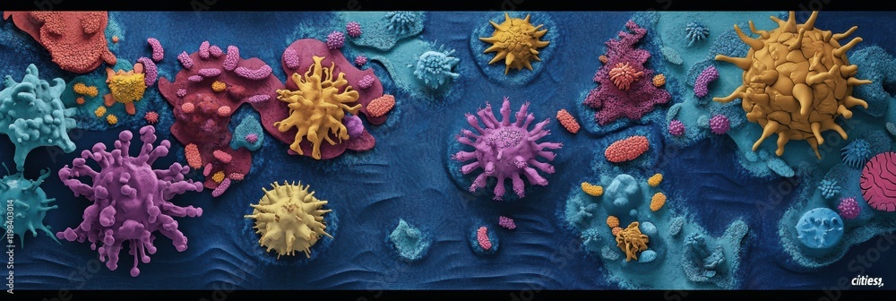 Aufkleber colorful playful map depicting bacteria colonies as cities in a vibrant world of microorganisms. gen