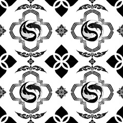 Intricate black and white pattern featuring yin yang symbols, floral motifs, and geometric shapes, creating harmonious and balanced design