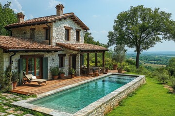 Beautiful stone house with wooden terrace, swimming pool, and green grass, surrounded by trees and olive grove under a blue sky.
