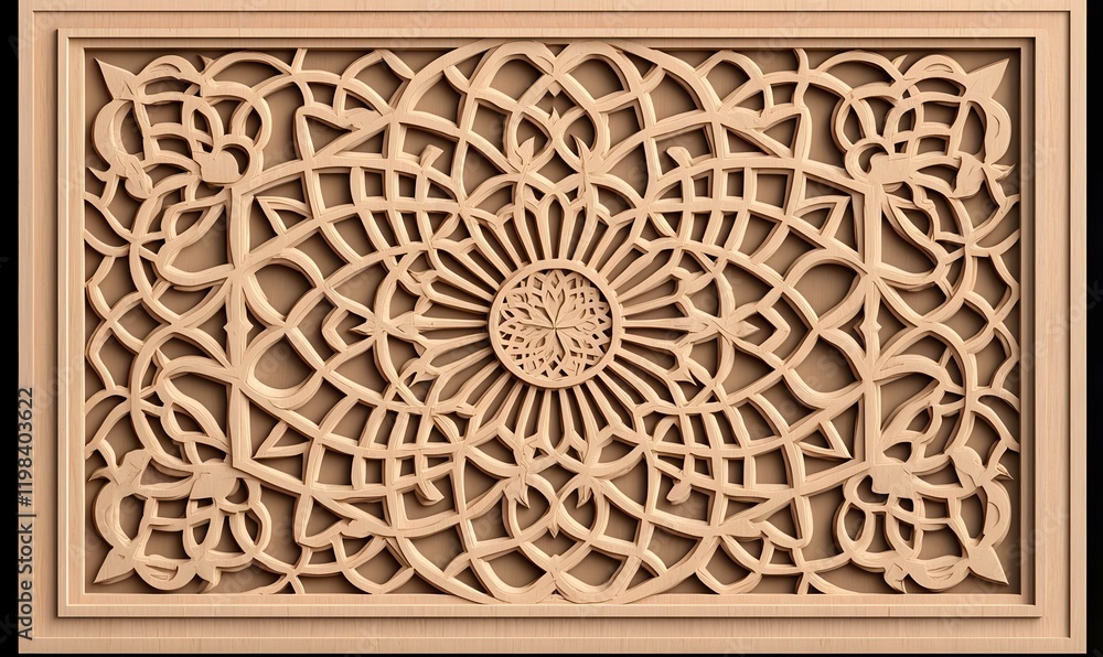 Poster intricate laser engraved geometric design, showcasing a complex array of shapes and lines, emphasizi