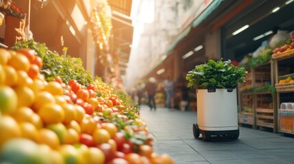 Mobile grocery delivery robot navigates bustling market urban environment food industry scene
