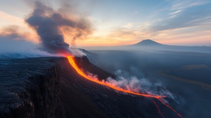 Fototapeta premium Volcanic eruption lava flow mountain landscape aerial natural disaster scenic view geophysical phenomenon