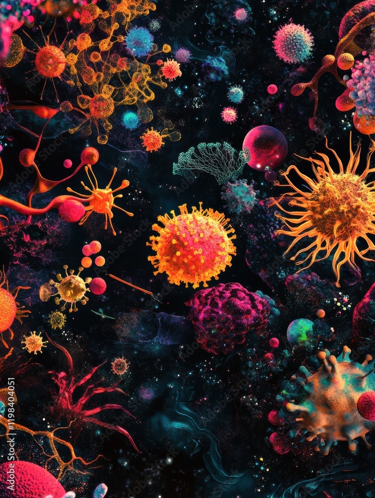 Aufkleber diverse array of bacteria and microbes showcasing colorful structures and shapes in a dark environme