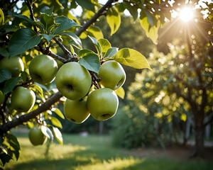 Summer, sunshine, apple tree, close up on green apple