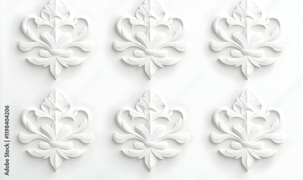 Poster elegant white damask design on soft gray backdrop, intricate patterns creating a refined and sophist