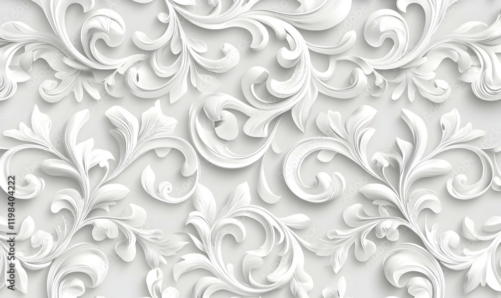 Poster elegant white damask design on a soft gray background, showcasing intricate patterns and a refined a
