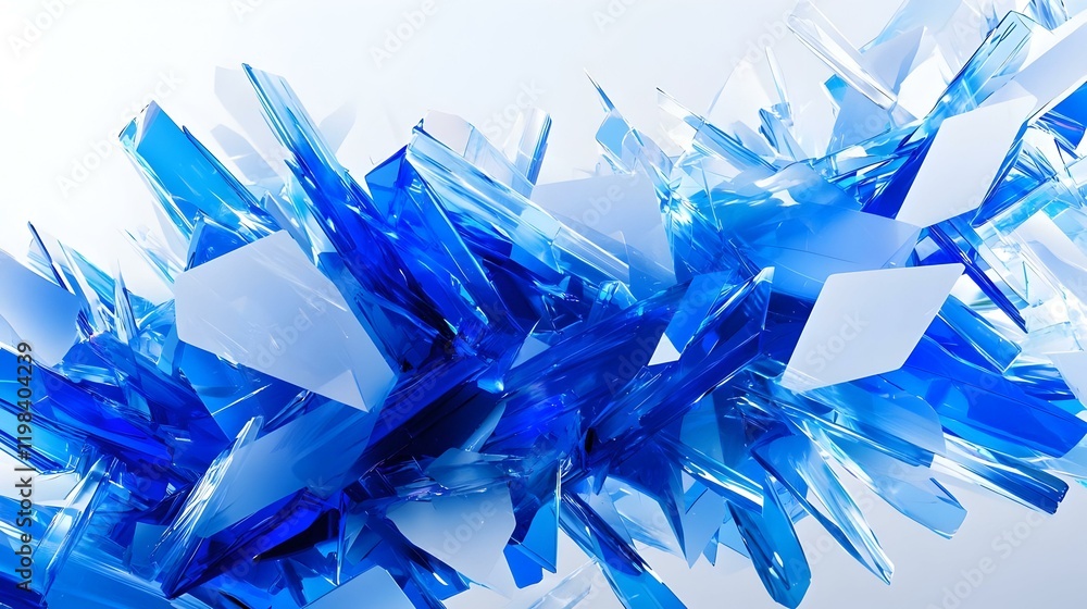 Poster modern design featuring overlapping geometric shapes in various blue tones, creating a dynamic and v