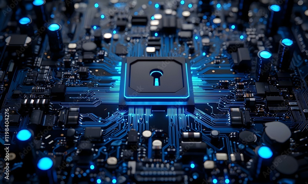 Poster digital security, a padlock illuminated on a vibrant circuit board symbolizes cybersecurity and the 