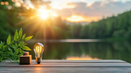Fototapeta premium A tranquil scene featuring a light bulb and a small plant on a wooden surface, illuminated by a warm sunset over a serene lake.