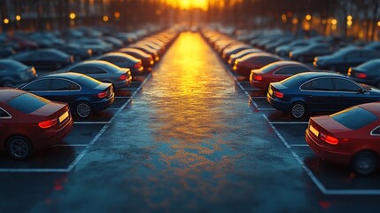 Fototapeta premium Sunset city cars park lot; rows vehicles; urban background