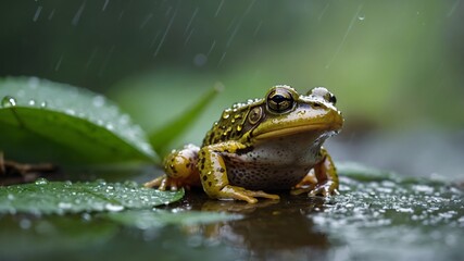 Obraz premium Foothill Yellow-Legged Frog Resting on a Leaf Amid Gentle Rainfall