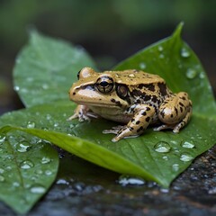 Obraz premium Rainy Day Perch: Foothill Yellow-Legged Frog on a Leaf