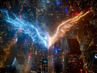 Fototapeta premium Celestial Wings Over Cityscape at Night