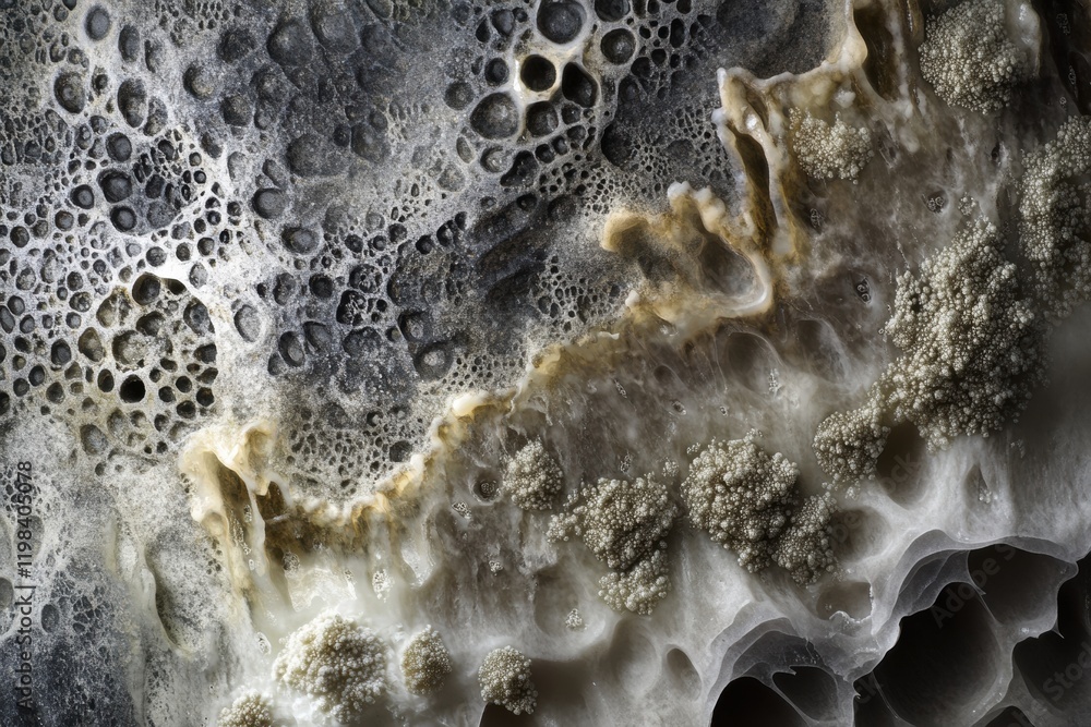 Aufkleber Dense layer of microbes reveals intricate patterns and structures in a close up view of microscopic life forms. Generative AI