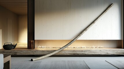 Minimalist room with bamboo, fireplace, and teapot.