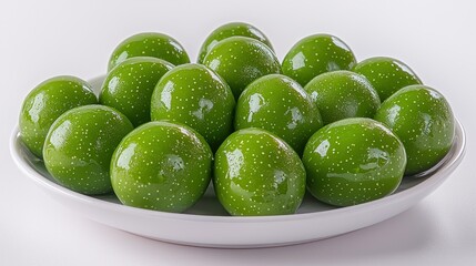 Green plums, plate, studio, white background, food.
