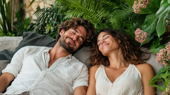Cozy couple relaxing in lush garden surrounded by vibrant flowers