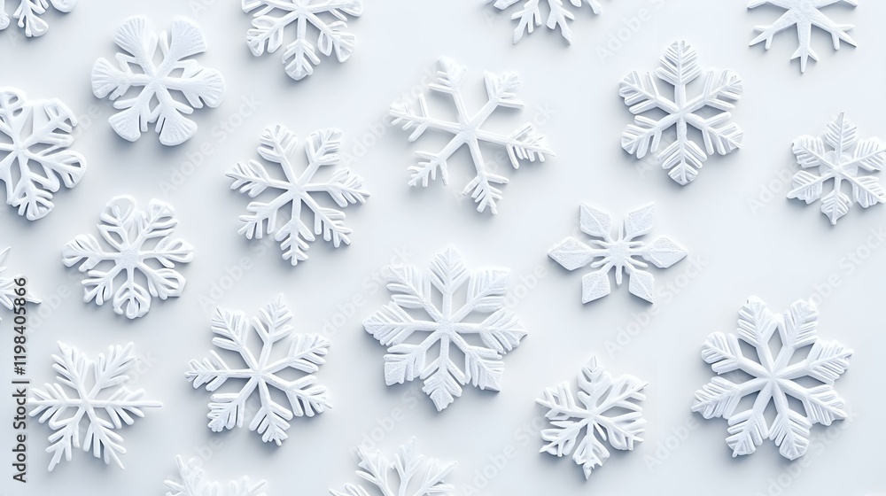 Poster delicate snowflakes on soft gray background, a serene composition showcasing intricate snowflake pat