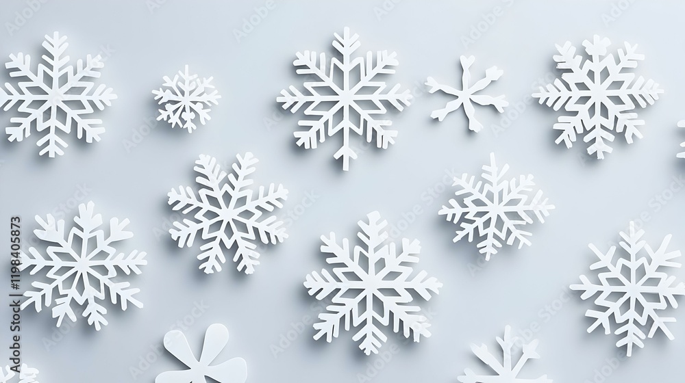 Poster delicate snowflakes on soft gray background, intricate patterns of snowflakes gently resting on a mu