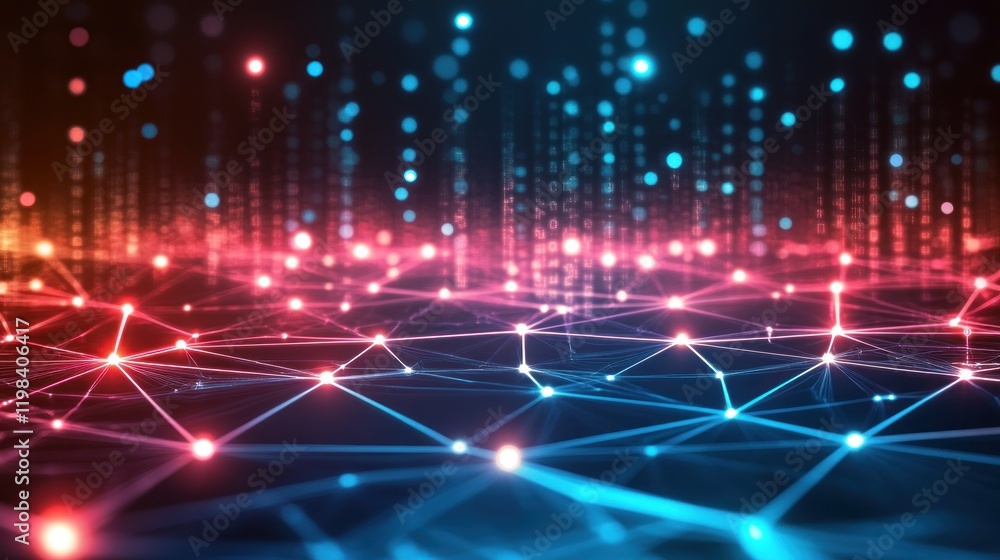 Poster abstract digital network: a visualization of interconnected data points glowing with vibrant red and