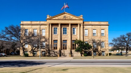 Naklejka premium Courthouse facade with stone columns, symbolizing justice, law, and the enduring strength of legal institutions in society