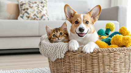 dog and cat snuggling in cozy basket surrounded by colorful toys