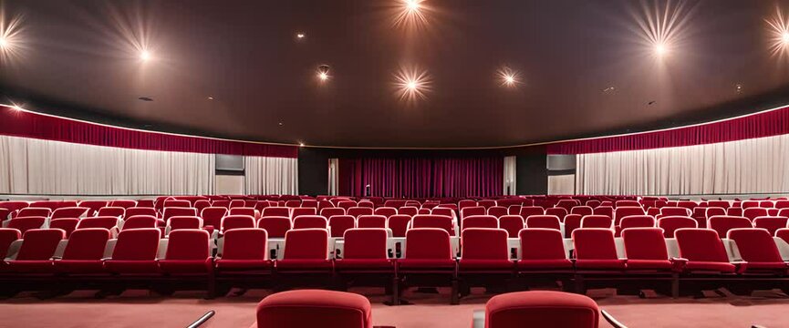 An empty cinema auditorium with red velvet seats, dim golden lights casting soft shadows, a large silver screen at the front, and a vintage popcorn machine in the corner