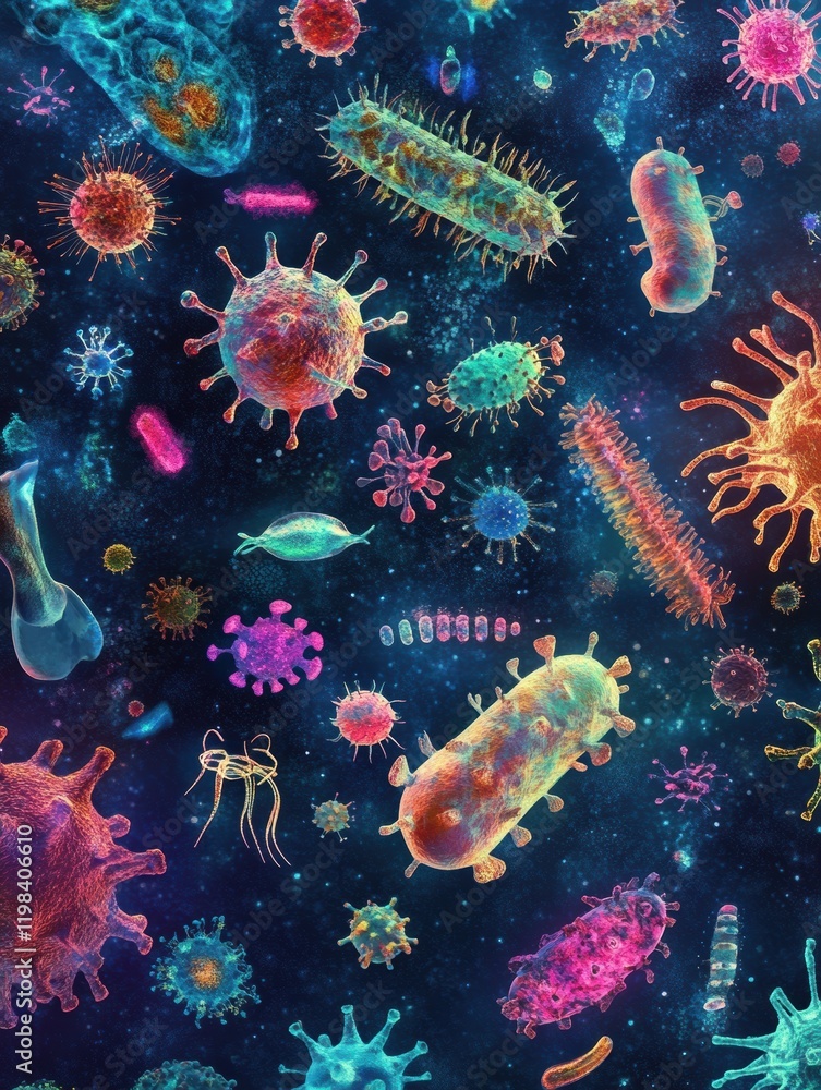 Aufkleber diverse array of colorful bacteria and microbes under a dark background highlighting their unique st
