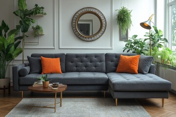 Modern grey velvet sofa with chaise lounge, gold legs, and brass accents, with plants, floor lamp, and mirror in stylish living room.