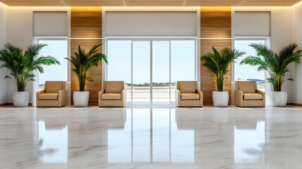 Luxurious airport terminal with marble floors and elegant seating areas