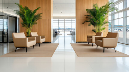 Modern airport terminal with comfortable seating and greenery for relaxation