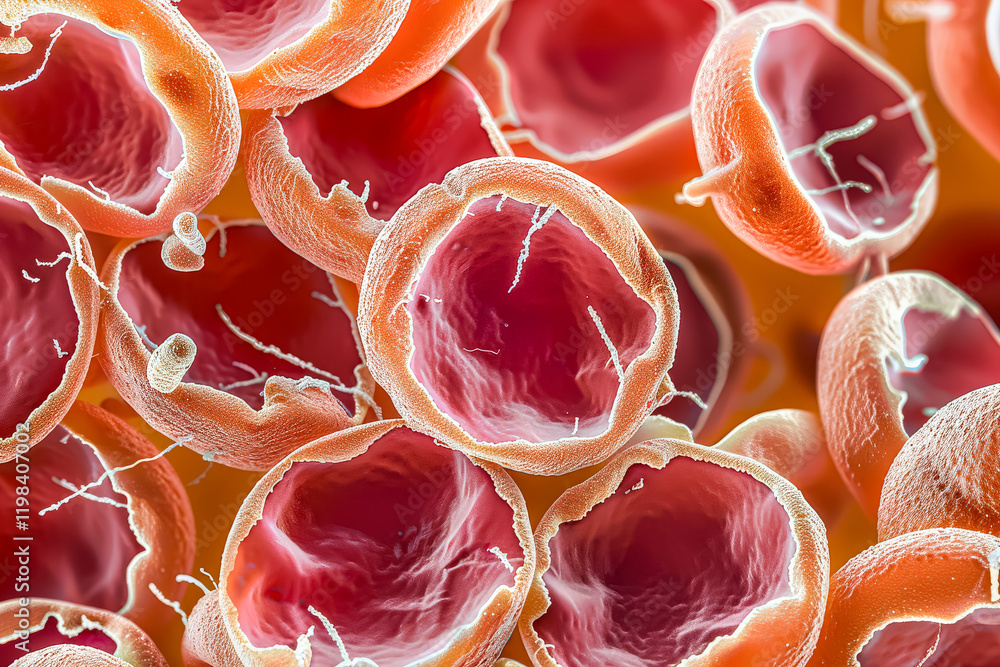 Poster the image is a close up of a cluster of red blood cells. the cells are arranged in a circular patter