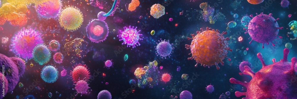Poster vibrant display of diverse bacteria and microbes in a colorful environment illustrating microscopic 