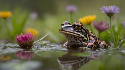 Obraz premium Oregon Spotted Frog and Butterfly Sharing a Meadow Moment