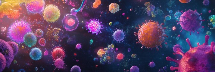 Fototapeta premium Vibrant display of diverse bacteria and microbes in a colorful environment illustrating microscopic life. Generative AI