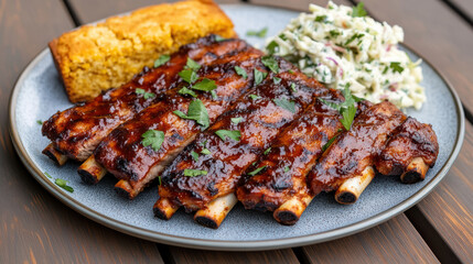 Delicious BBQ ribs served with coleslaw and cornbread on plate