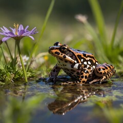 Serene Meadow Scene: Oregon Spotted Frog and Butterfly