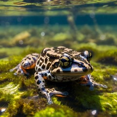 Fototapeta premium Oregon Spotted Frog Watching Over Tadpoles in a Shallow Pond