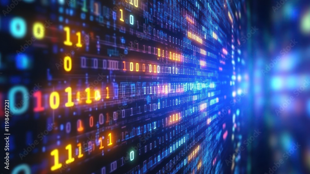 Poster abstract digital data stream: binary code flowing in neon colors