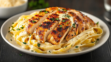 Delicious chicken alfredo served with fettuccine and fresh parsley