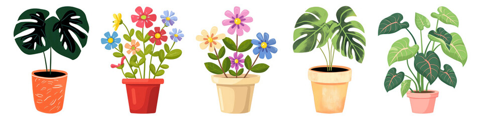 Naklejka premium PNG Colorful potted plants illustration set, isolated on transparent background