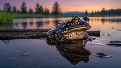 Oregon Spotted Frog Resting by a Pond as Dusk Falls