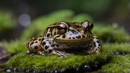Fototapeta premium Detailed Portrait of an Oregon Spotted Frog on Mossy Rock